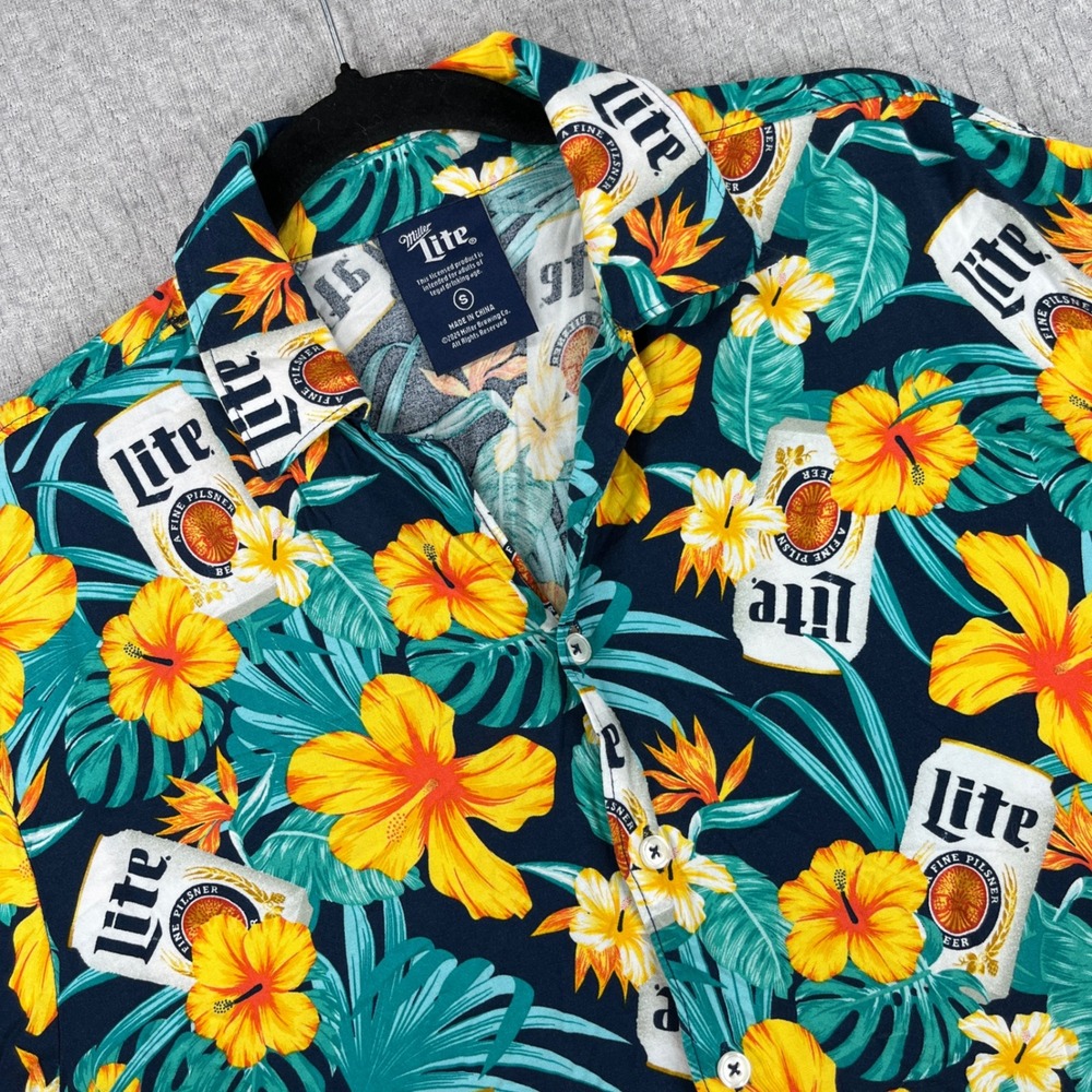 Miller Lite Beer Button Up Shirt Mens S Blue Floral Hawaiian Tropical Rayon